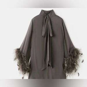 Mango CAPSULE medium brown tie-neck feather sleeve Dress